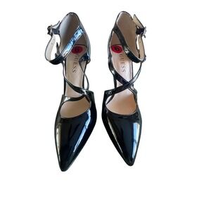 GUESS Women Black Patent Leather Ankle Strap Stiletto Heels Size 6